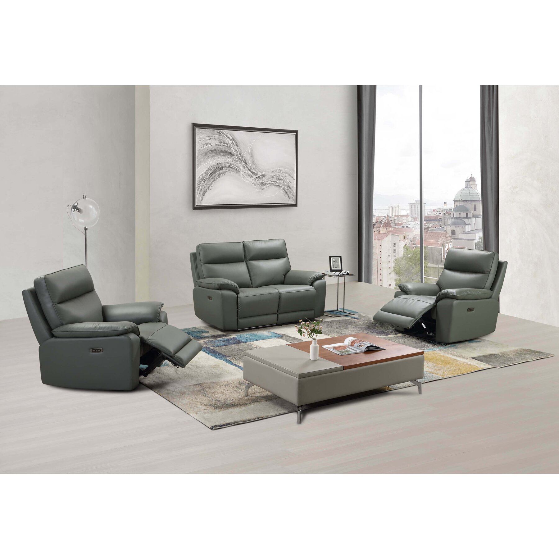 Set Recliner Electric Klause, 2L+1L+1L, Canapea 2L - 151x93x101 cm, Fotoliu 101x93x101 cm, Piele Naturala, Grey-Blue