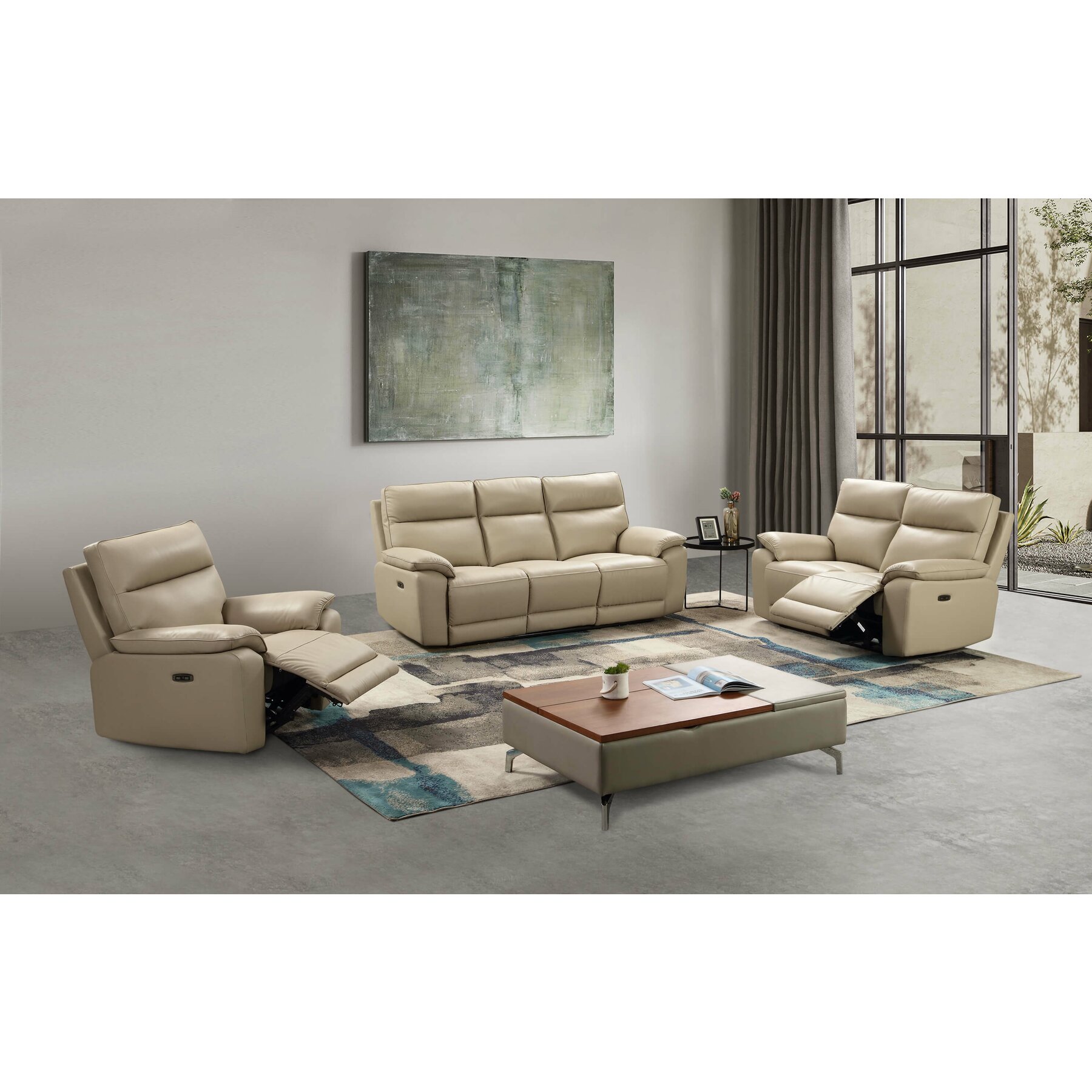 Set Recliner Electric Klause, 3L+2L+1L, Canapea 3L - 201x93x101 cm, Canapea 2L - 151x93x101 cm, Fotoliu 101x93x101 cm, Piele Naturala, Cappuccino