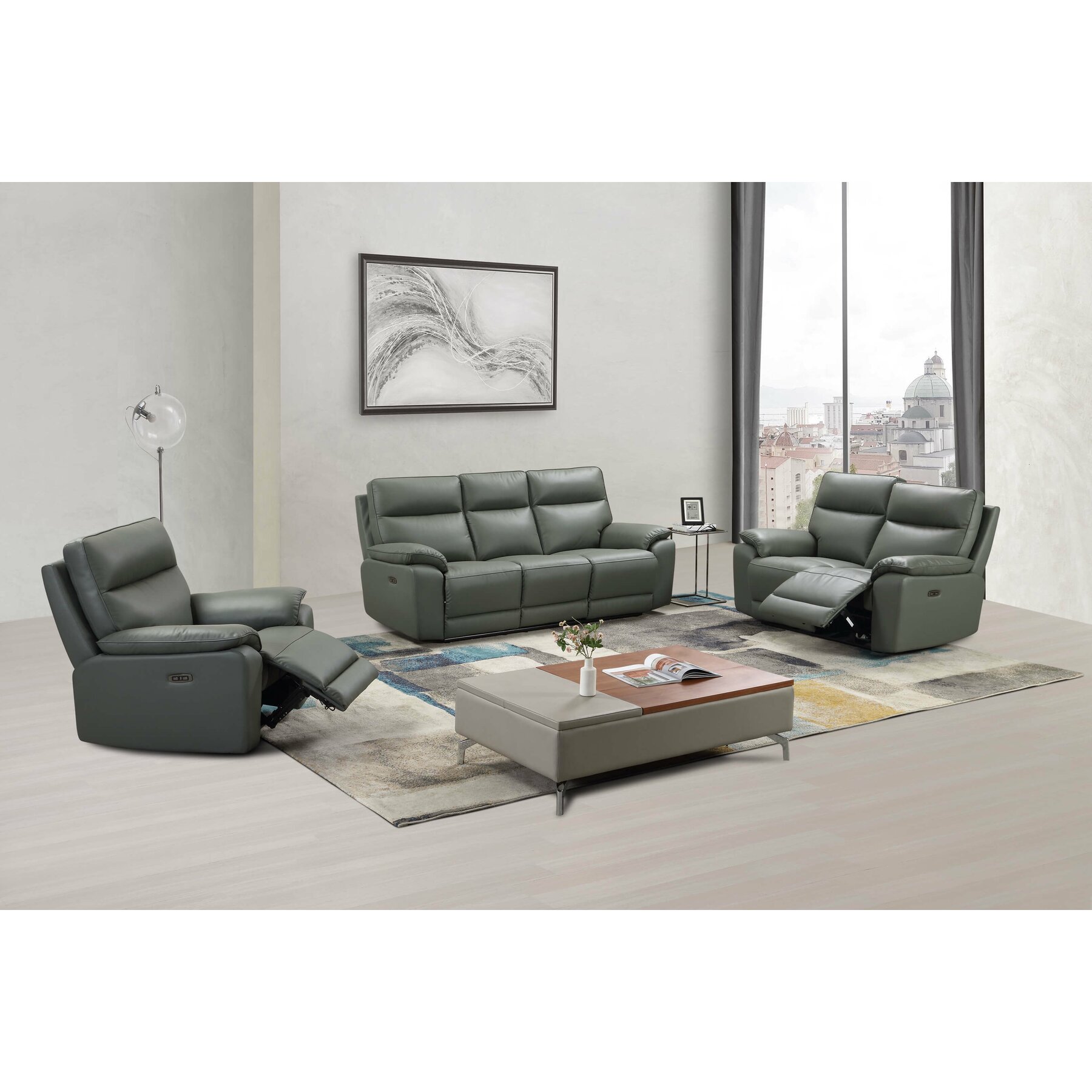 Set Recliner Electric Klause, 3L+2L+1L, Canapea 3L - 201x93x101 cm, Canapea 2L - 151x93x101 cm, Fotoliu 101x93x101 cm, Piele Naturala, Grey-Blue