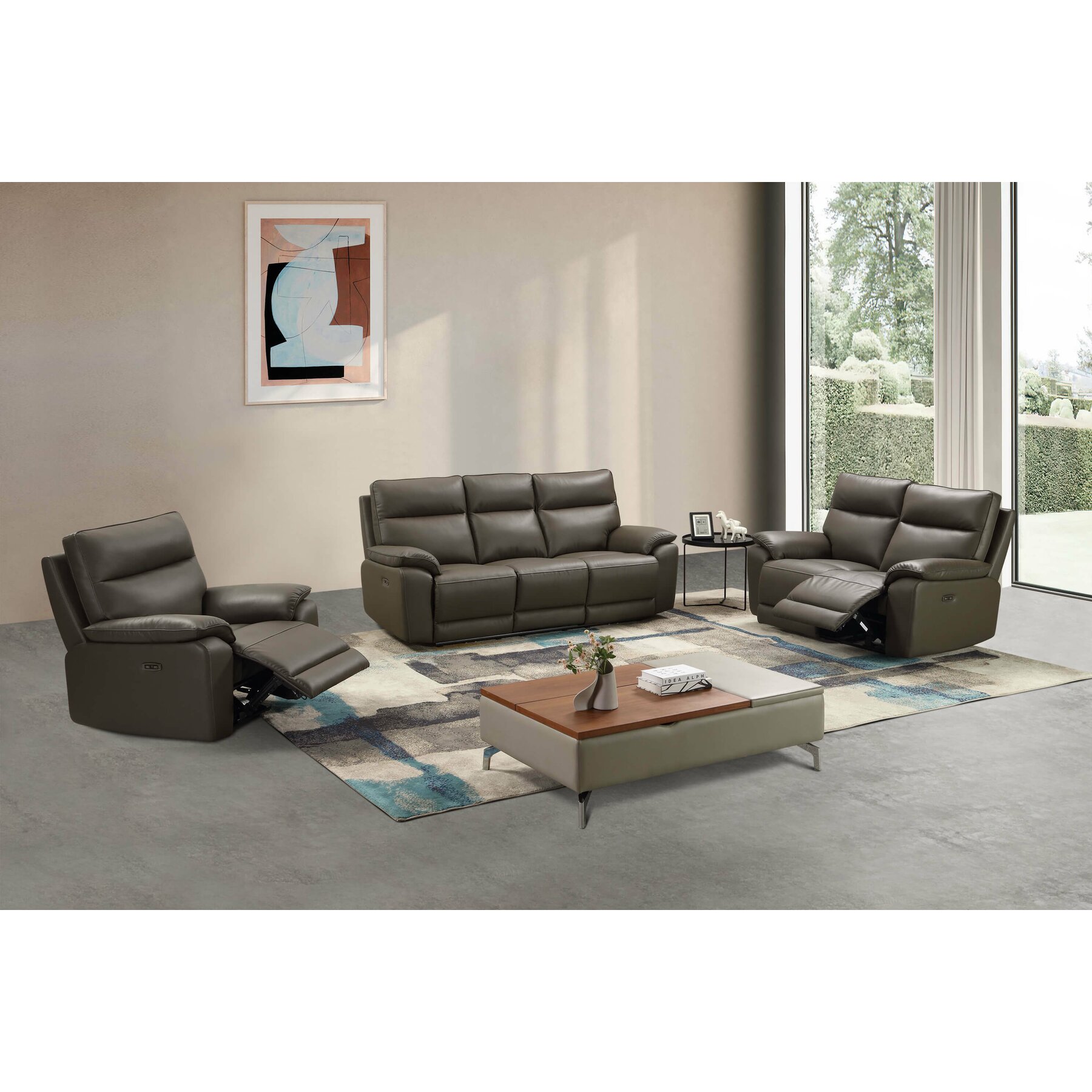 Set Recliner Electric Klause, 3L+2L+1L, Canapea 3L - 201x93x101 cm, Canapea 2L - 151x93x101 cm, Fotoliu 101x93x101 cm, Piele Naturala, Gri Maroniu