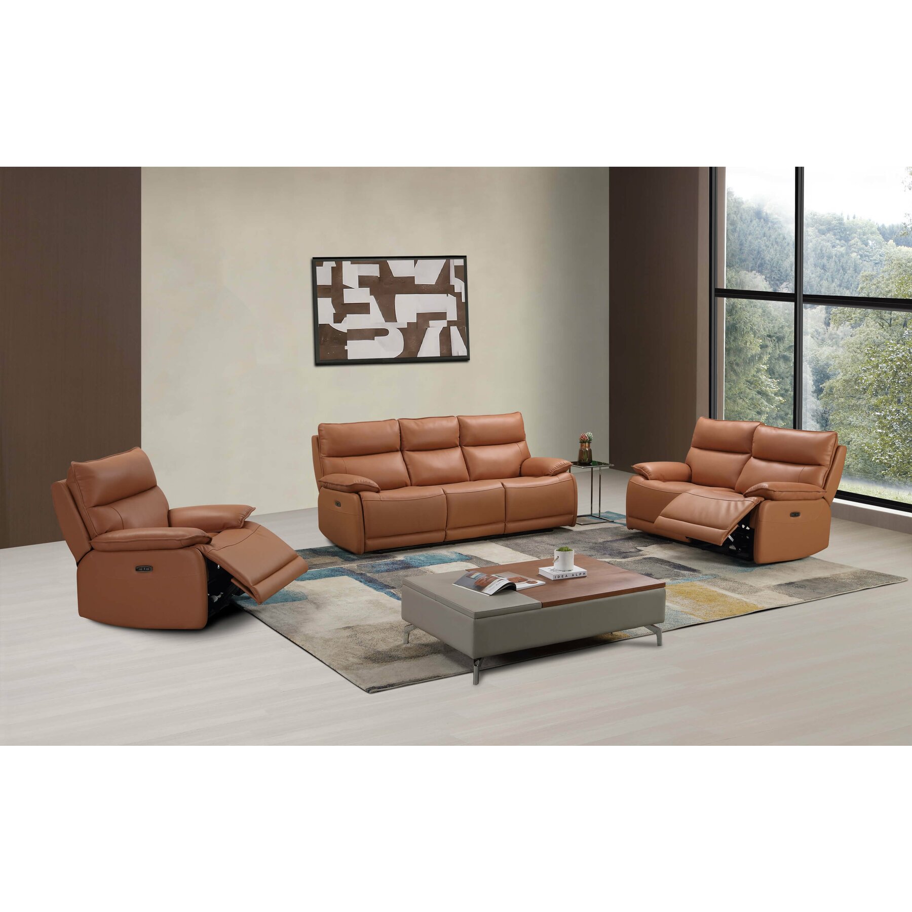 Set Recliner Electric Verso, 3L+2L+1L, Canapea 3L - 212x95x100 cm, Canapea 2L - 156x95x100 cm, Fotoliu 98x95x100 cm, Piele Naturala, Cognac