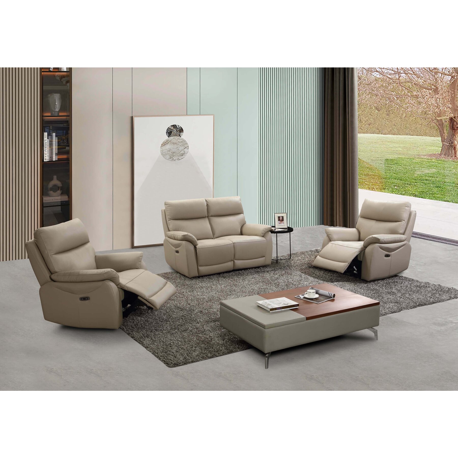 Set Recliner Heidal 2-1-1, Canapea 2L- 143x92x100 cm, Fotoliu - 95x92x100 cm, Cappuccino - Piele Naturala