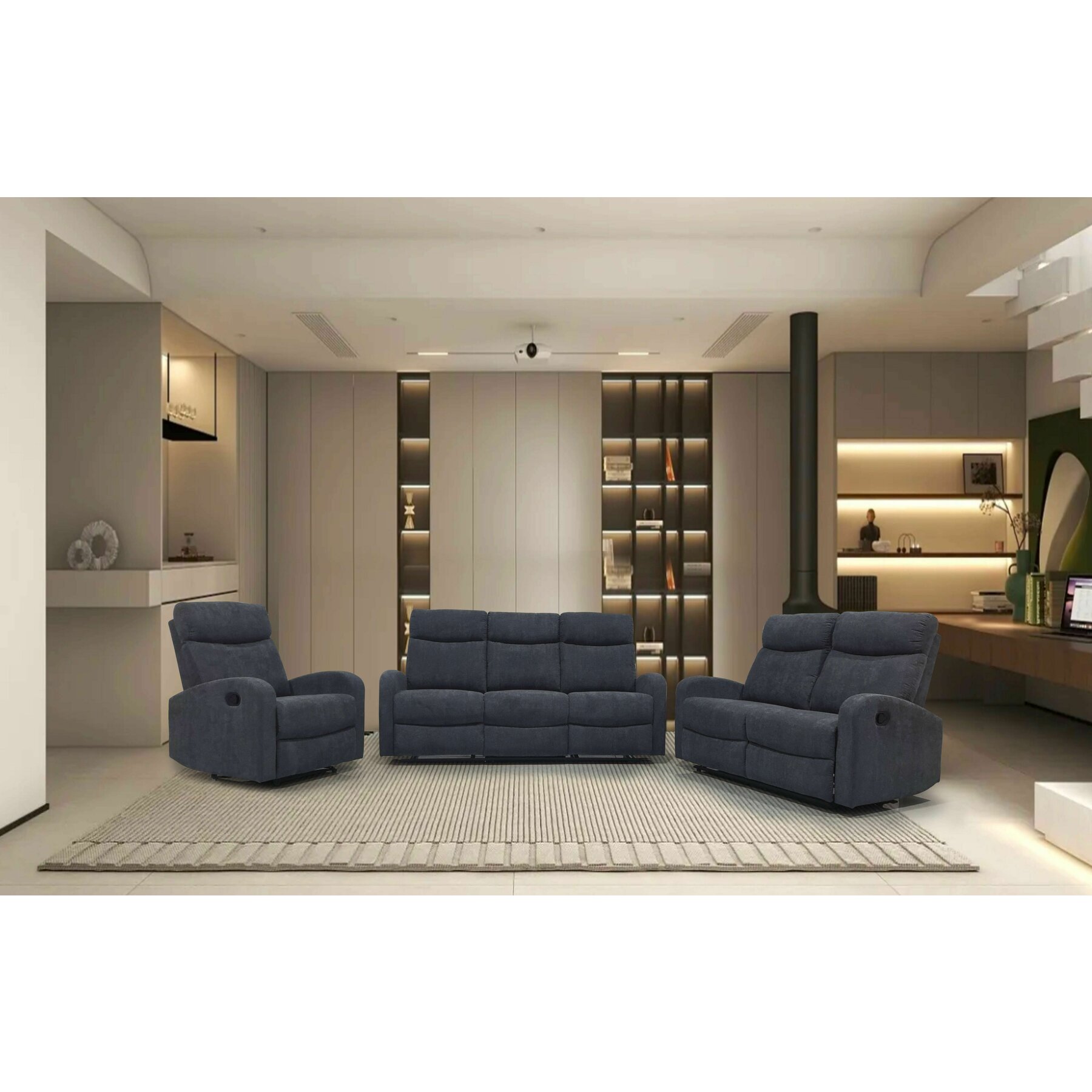 Set Recliner Karen, 3L+2L+1L, Canapea 3L - 185x100x96 cm, Canapea 2L - 132x100x96 cm, Fotoliu - 78x100x96 cm, Stofa, Gri Inchis