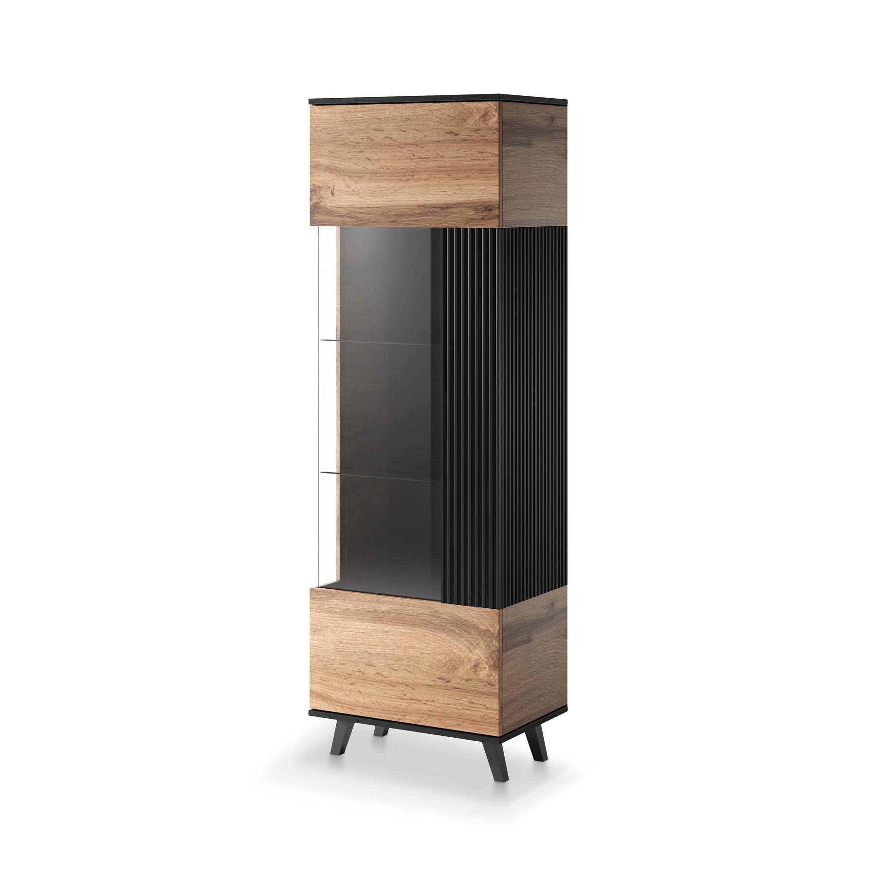 Vitrina Rogan W1, 60x40x182 cm, Negru/Stejar Wotan - Kalenda