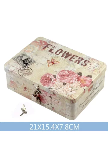 Cutie Decorativa Metalica cu lacat, Patrata, Model Flowers, 21x15.4x7.8cm