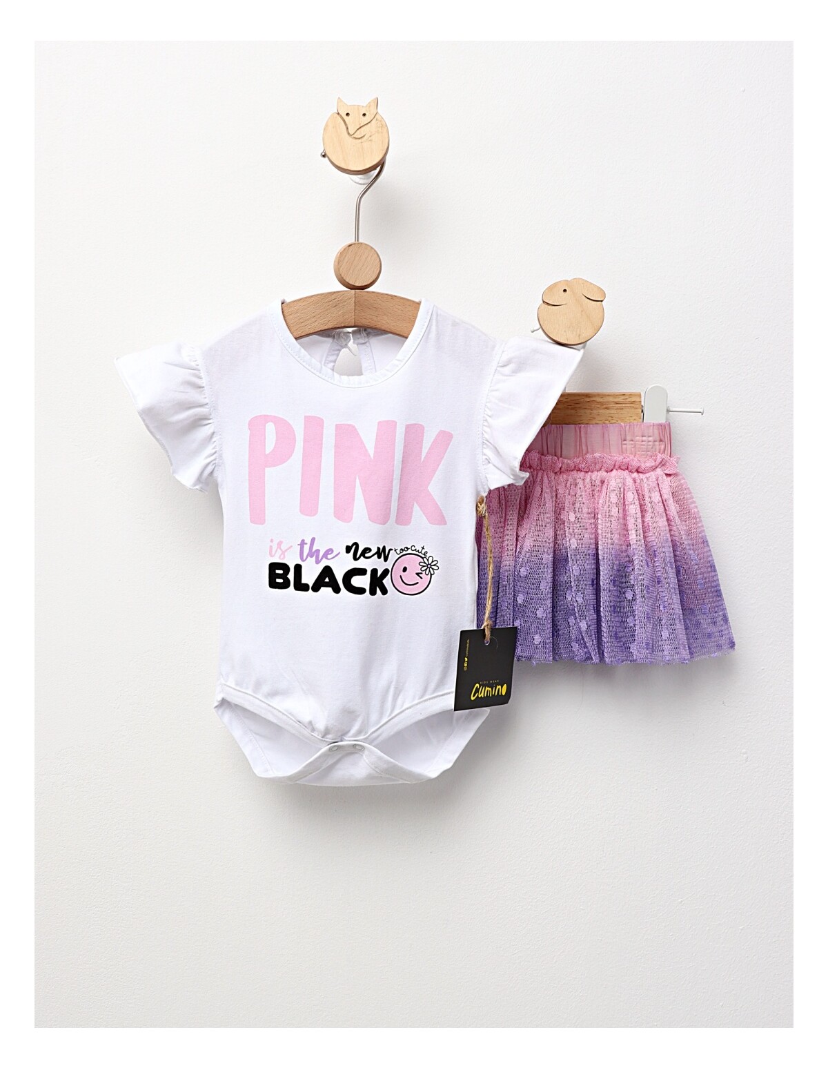 Body cu fustita PINK is the new Black model alb-roz