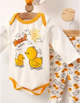 Compleu 3 piese Hello Ducks, cu galben