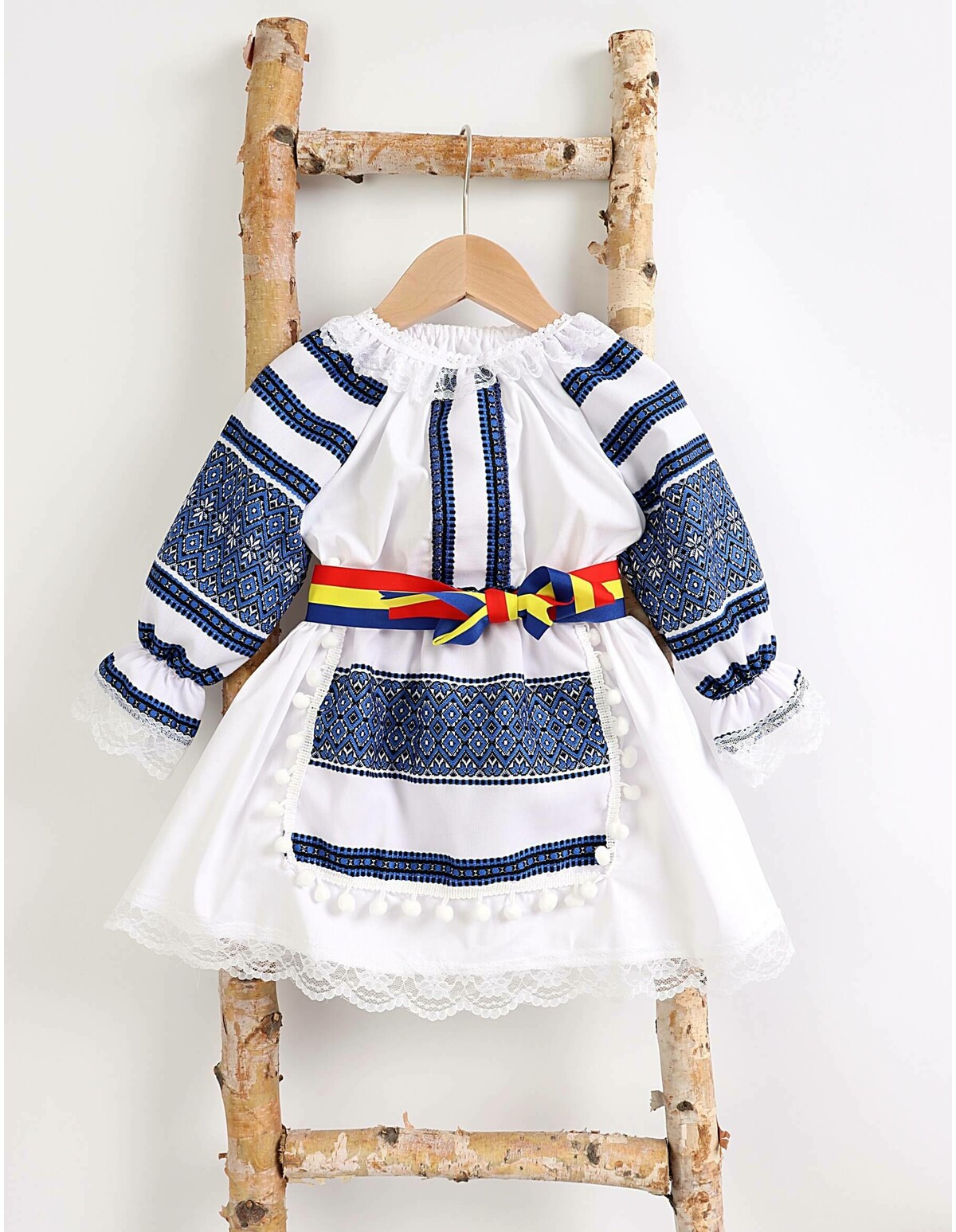 Costum popular fetite 3 piese albastru