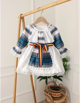 Costum popular fetite 3 piese turcoaz