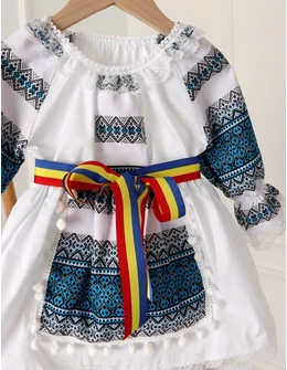 Costum popular fetite 3 piese turcoaz