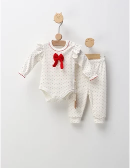 Costumas pentru fetite, cu buline, alb-rosu