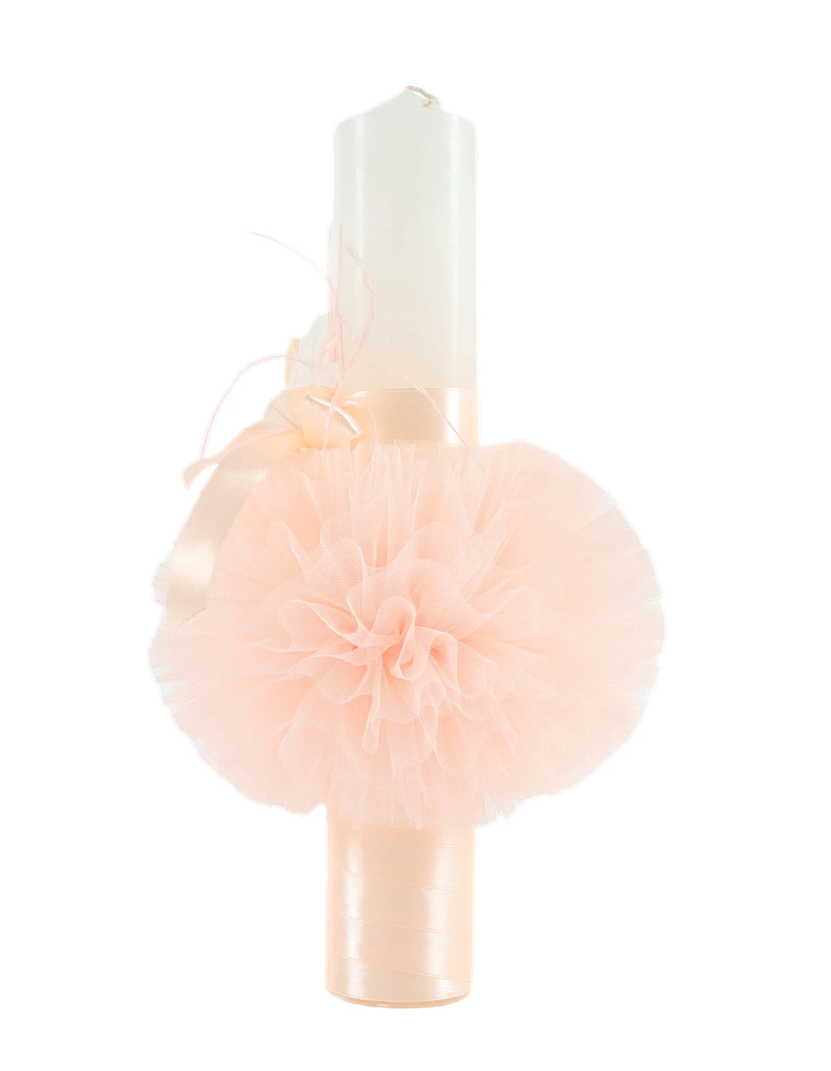 Lumanare botez cu tulle, fundita si fluture cu diamant coral
