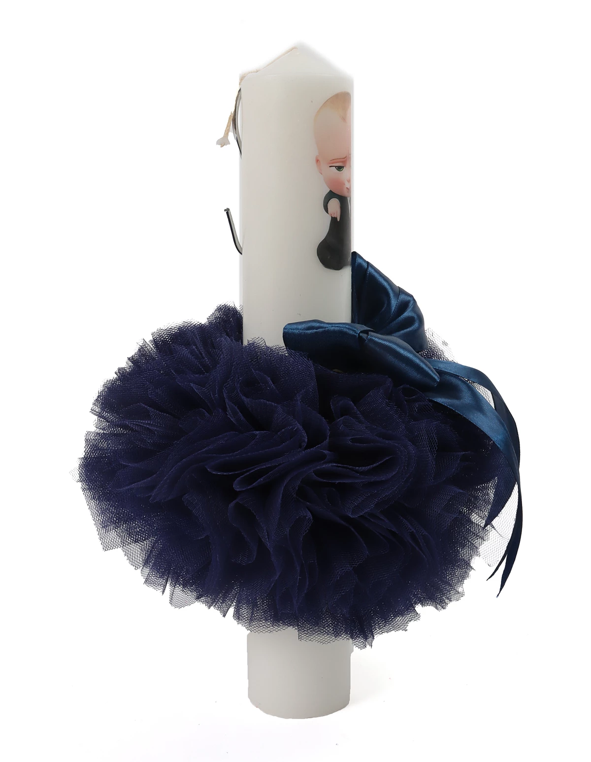 Lumanare botez cu tulle, fundita si imprimeu BOSS BABY