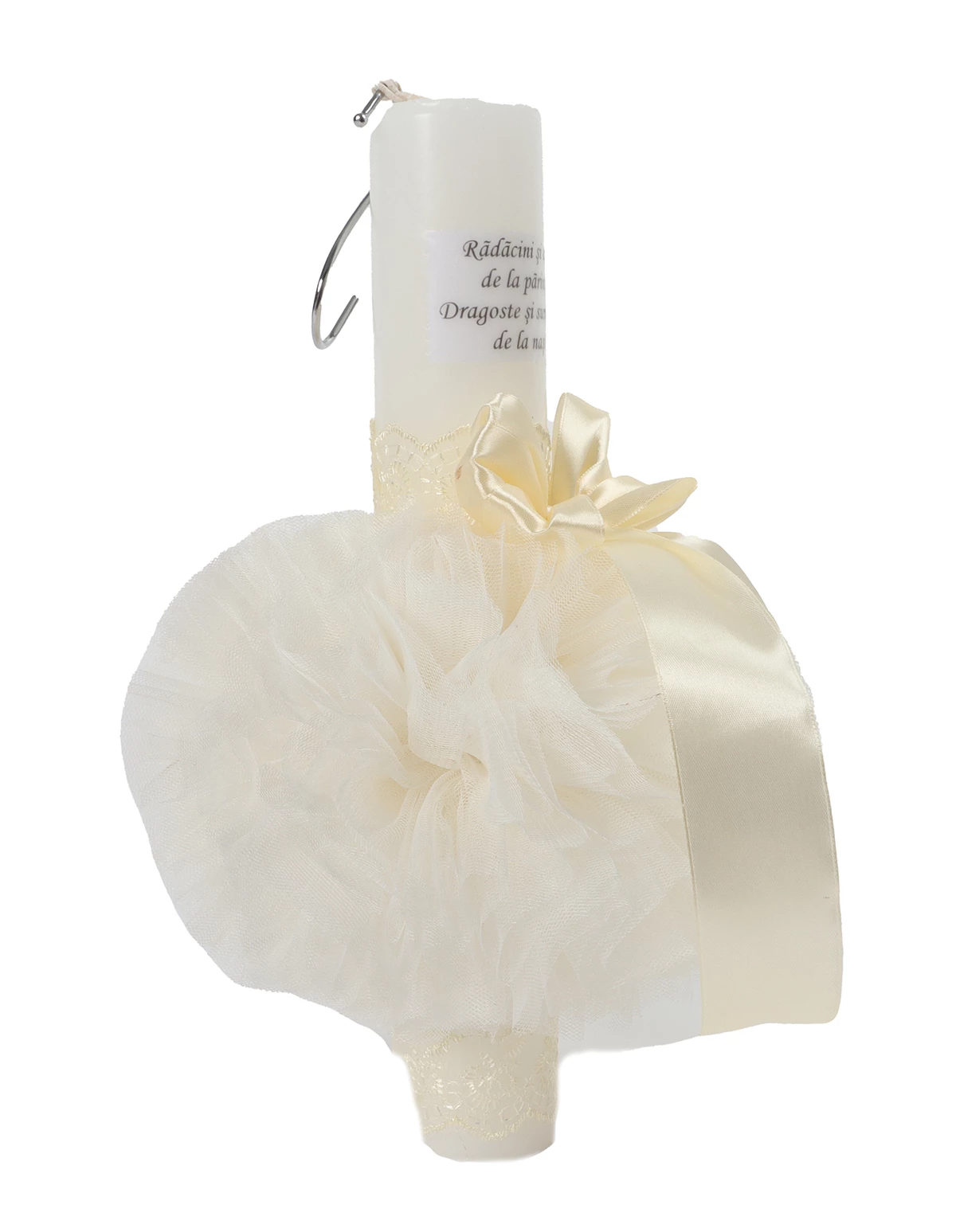 Lumanare botez cu tulle, fundita si imprimeu LOVE