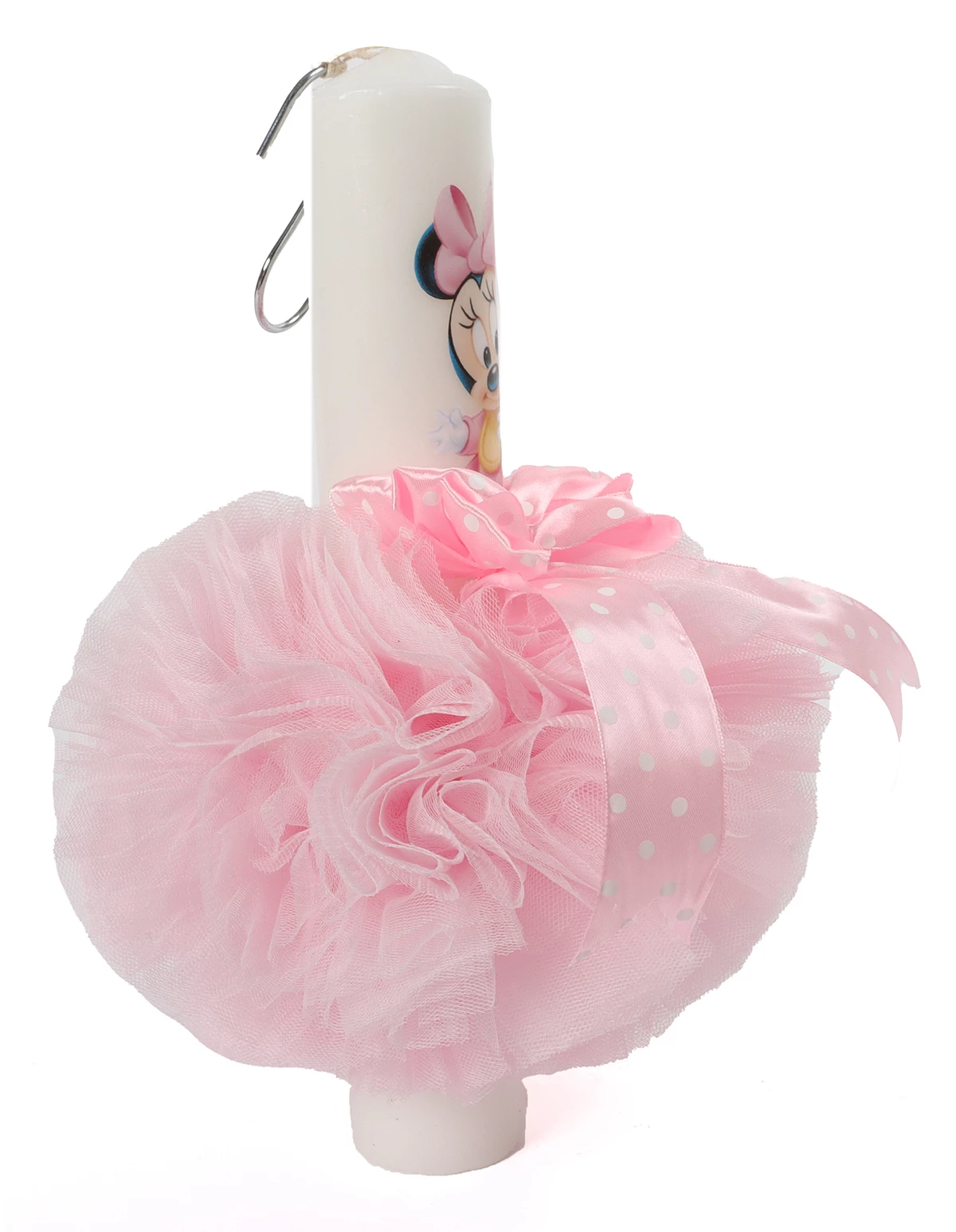 Lumanare botez cu tulle, fundita si imprimeu Minnie Roz