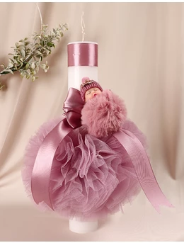 Lumanare botez cu tulle si bebelus pufos model roz prafuit