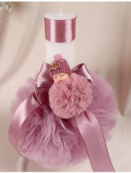 Lumanare botez cu tulle si bebelus pufos model roz prafuit 2