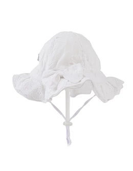 Palarie cu broderie, fundita si snur, alb