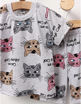 Pijama de vara gri cu pisicute