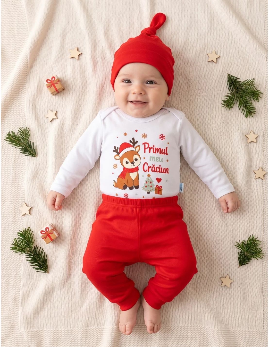Costumas Ren 3 piese Primul Meu Craciun, alb-rosu