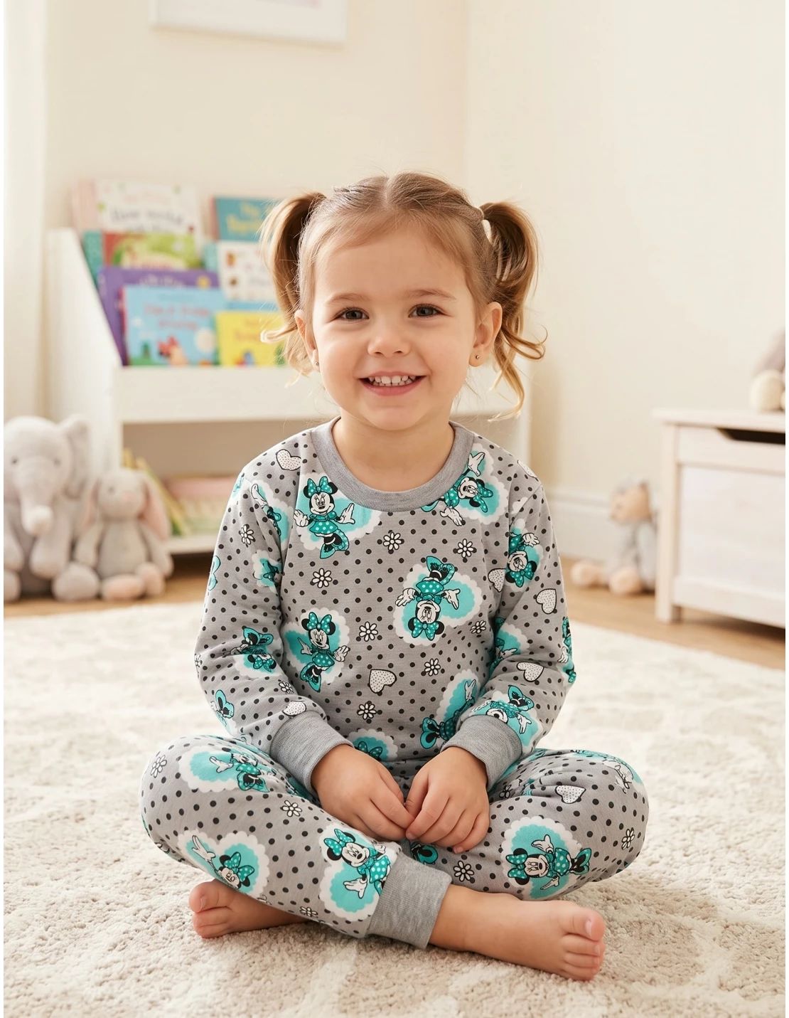 Pijama ML imprimeuri Minnie Inimioare, gri-turcoaz