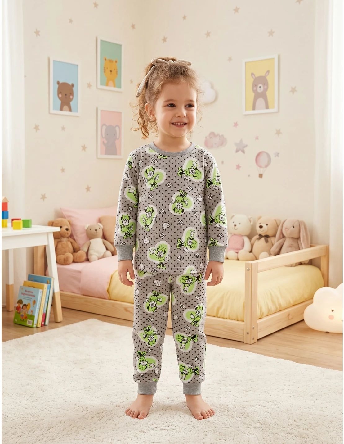 Pijama ML imprimeuri Minnie Inimioare, gri-verde