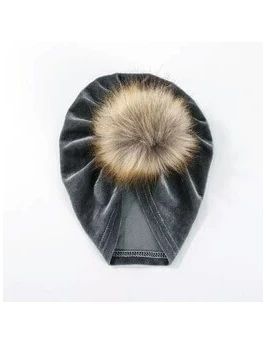 Turban catifelat albastru-gri cu blanita artificiala