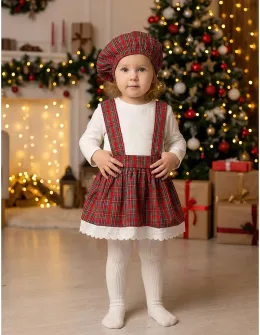 Set cu fustita, bluza, boneta, alb-rosu