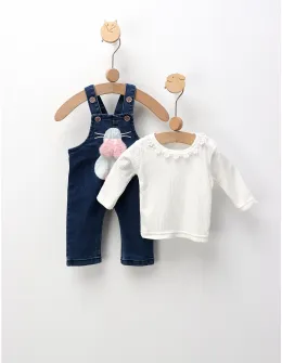 Set salopeta de blug+bluza Iepuras, alb-albastru