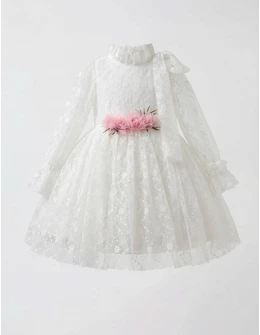 Rochita cu broderie si fundita Anisa, alb roz