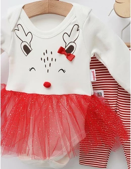 Rochita stil body+Pantalon+Betita Craciun alb-rosu