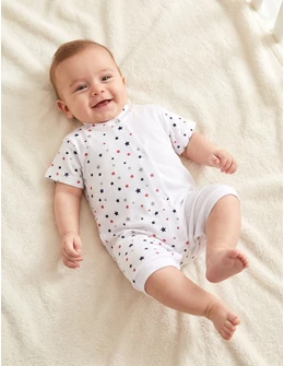 Salopeta bebe, imprimata stelute rosu-bleumarin