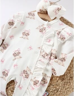 Salopeta cu bentita Puppy, alb-roz