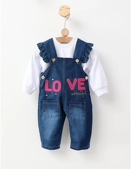 Set 2 piese Salopeta blug+Bluza Love, roz