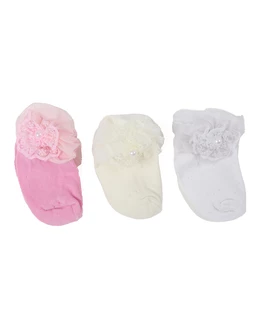 Set 3 perechi sosete PERLA-DANTELA alb-ecru-roz