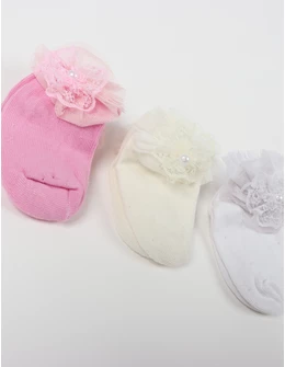 Set 3 perechi sosete PERLA-DANTELA alb-ecru-roz