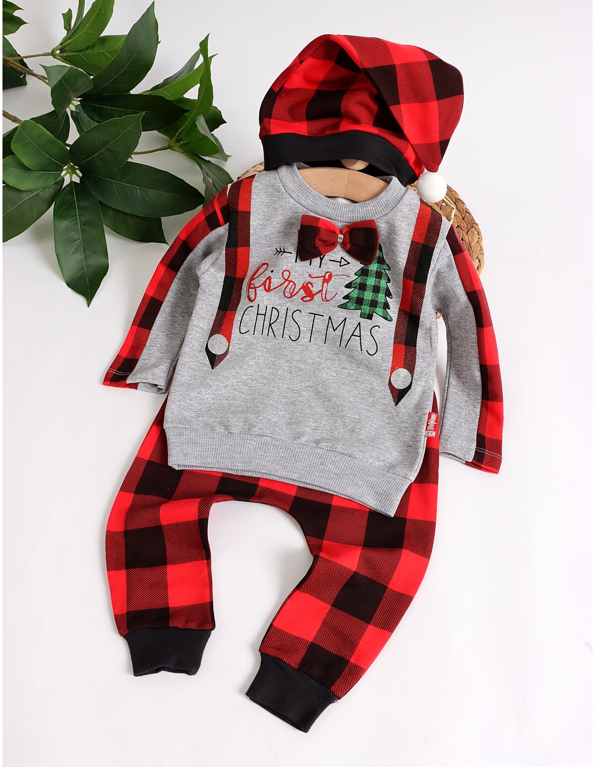 Set 3 piese My Christmas gri-rosu