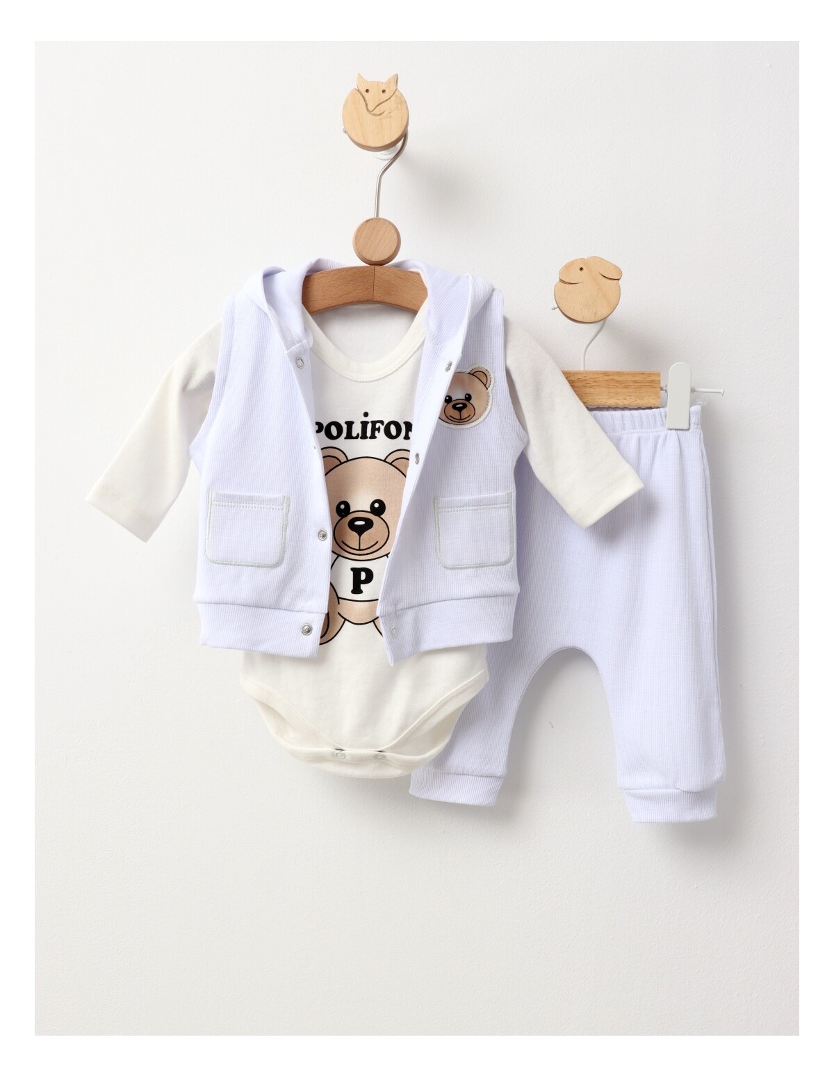 Set 3 piese Poli Fony Bear, alb