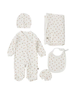 Set 5 piese bebe, Inimioare, alb-bej