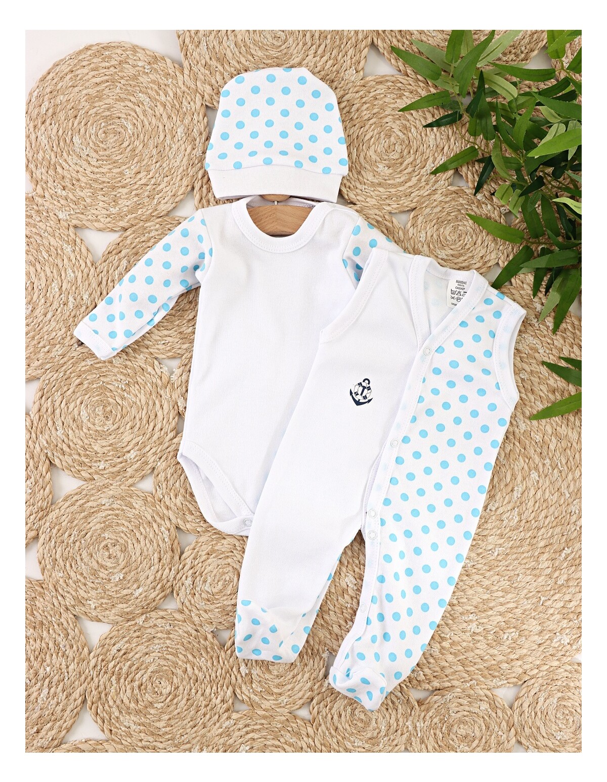 Set baby buline body, salopeta, fes, albastru