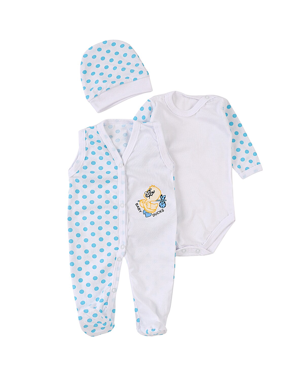 Set baby buline body, salopeta, fes Duck albastru