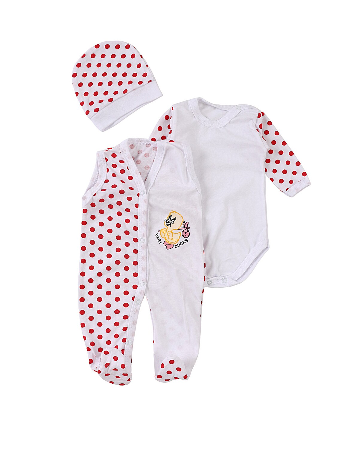 Set baby buline body, salopeta, fes Duck rosu