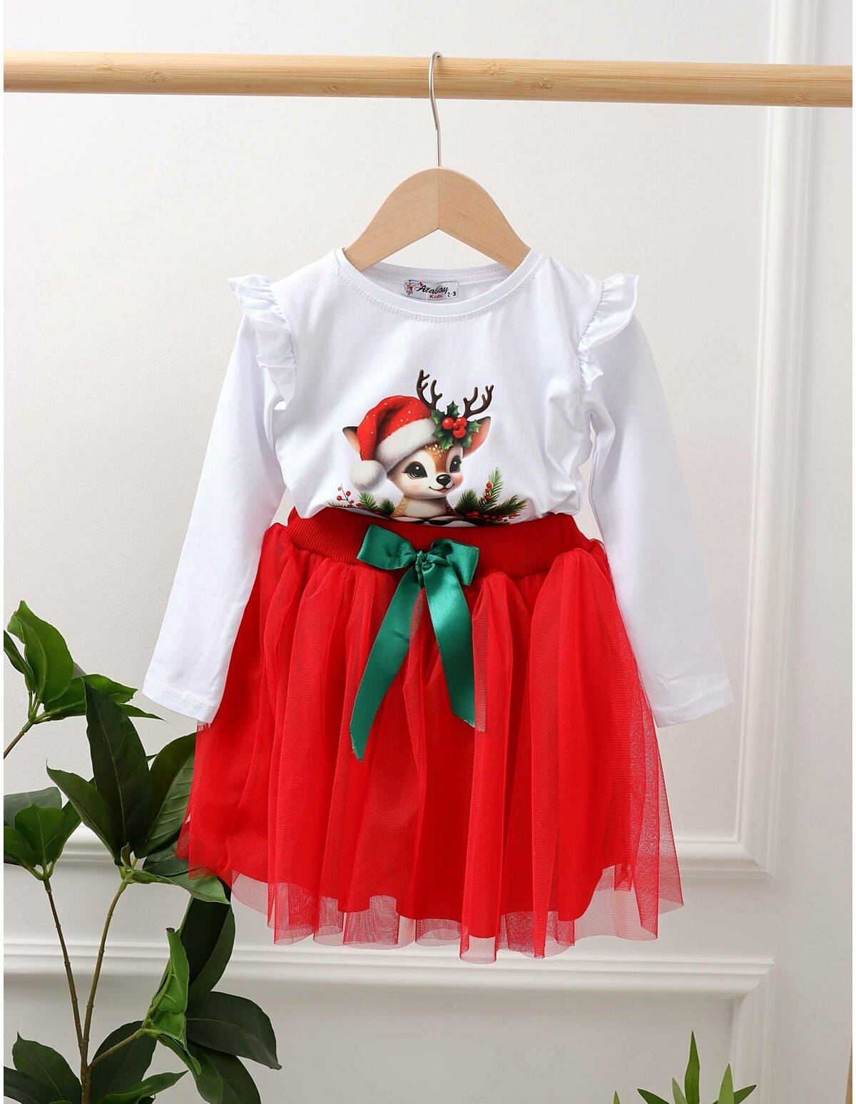 Set Bluzita + Fustita Christmas ren alb-rosu