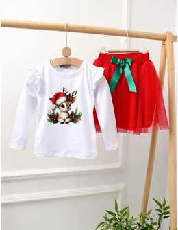 Set Bluzita + Fustita Christmas ren alb-rosu