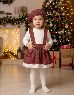 Set cu fustita, bluza, boneta, alb-rosu