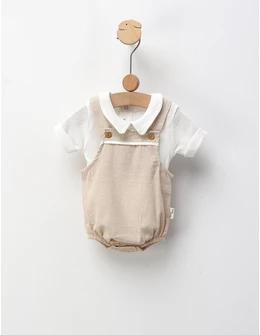Set de vara, salopeta muselina+tricou, alb-crem