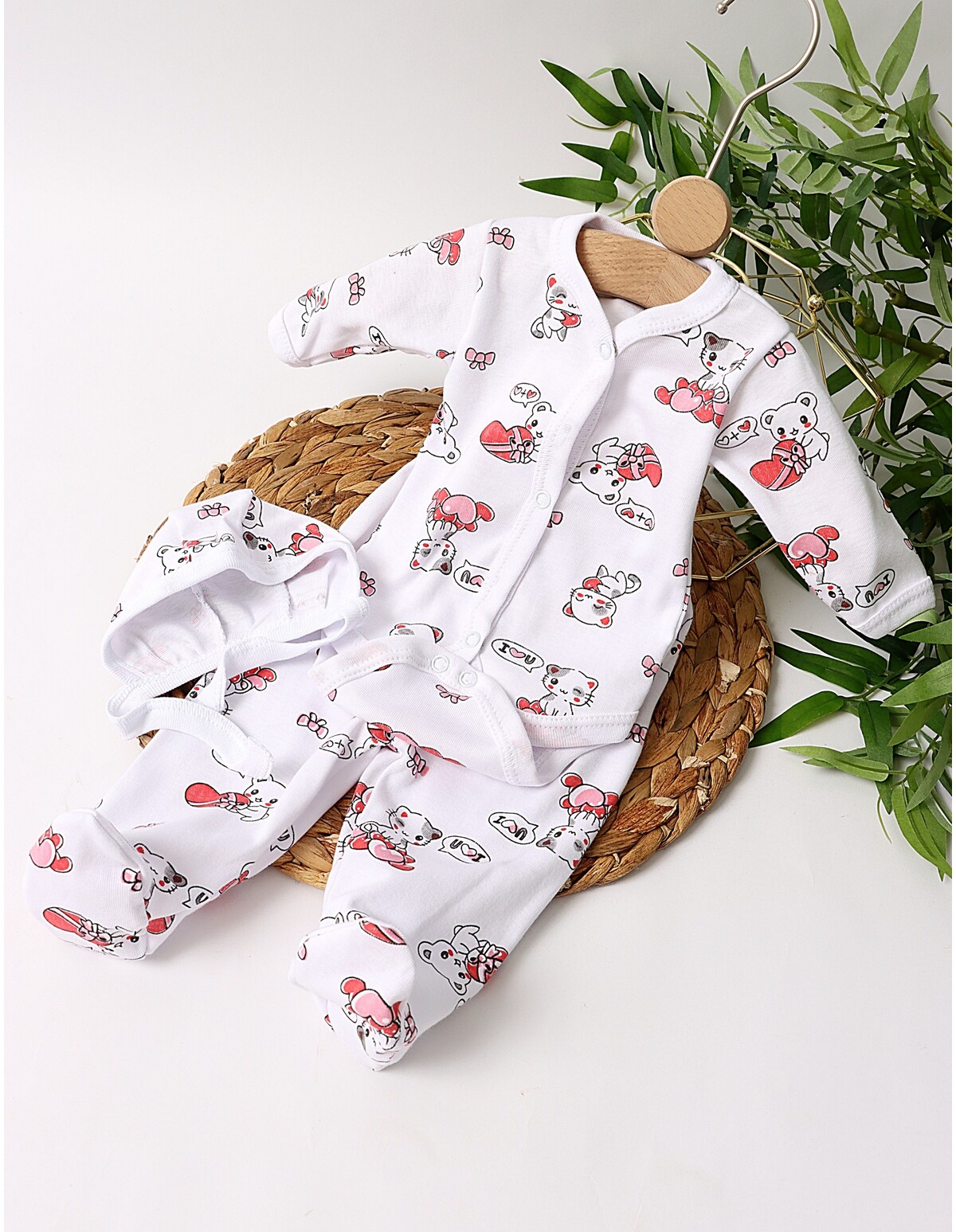 Set greieras bebelusi Loving Cats alb-rosu