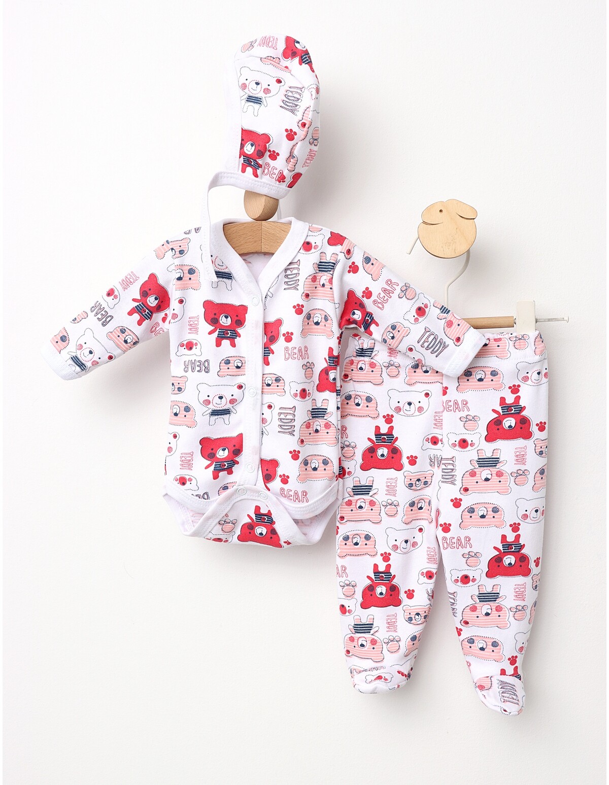 Set greieras bebelusi Teddy Bear alb-rosu