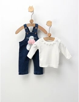 Set salopeta de blug+bluza Iepuras, alb-albastru