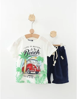 Set tricou+pantaloni lejeri alb-bleumarin